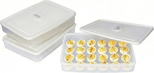 3Pack Deviled Egg Containers with Lid,Plastic Egg Container for Refrigerator with Handle,Deviled Egg Carrier for 72 Eggs,Kitchen,Festival Party, Stackable Egg Holder for Fridge (White)