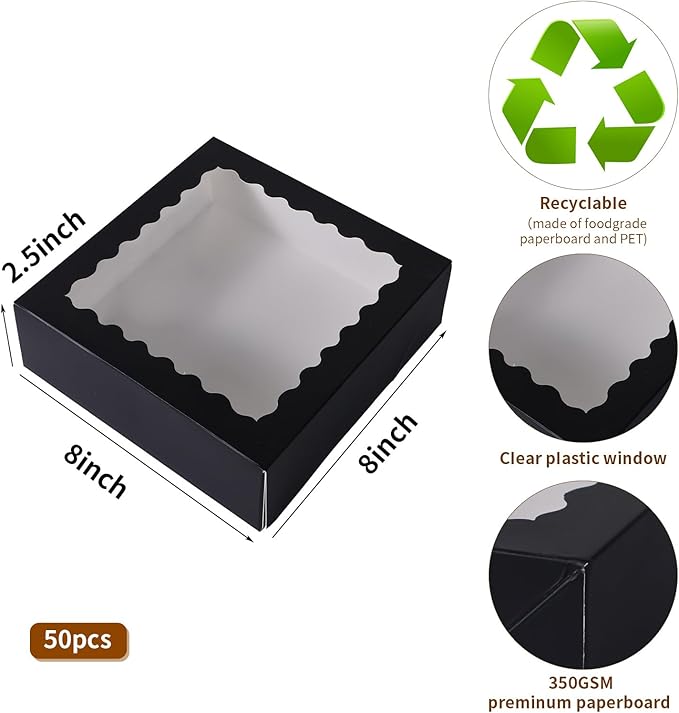 50 pcs 8x8x2.5 Inches Bakery Boxes with Window, Cake Pastry Cookie Mini Pie Box for Pastry,Dessert,Strawberries,Chocolates(Black)