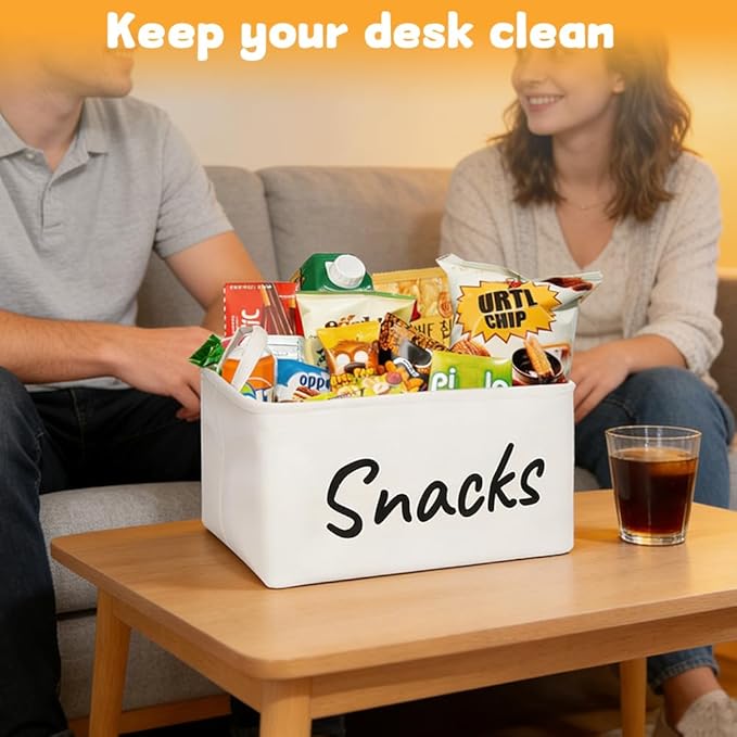Snack Organizer Basket for Home Office: Snack Storage Bin for Pantry Shelf Countertop (White)