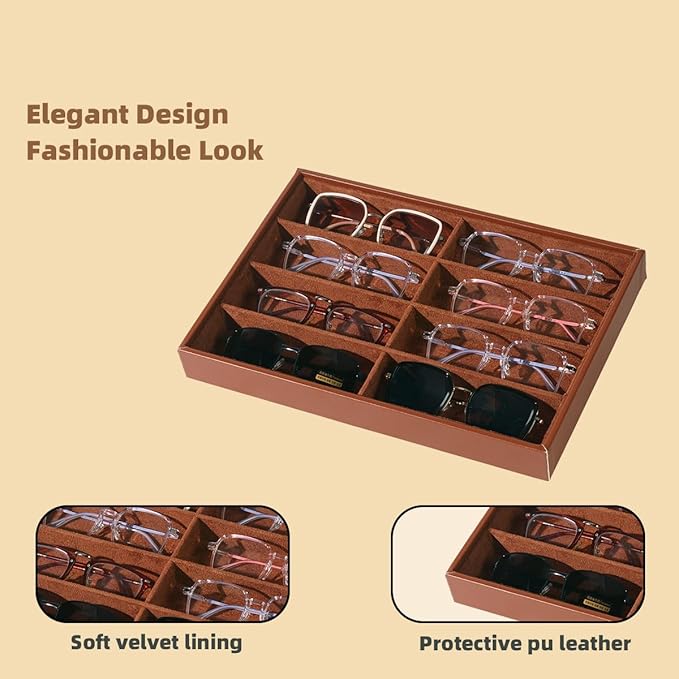 Glasses Holder Box Drawer Sunglass Organizer for Men Clear Wide Storage Case 8 Slots Multiple Reading Glasses Display, Brown Leather