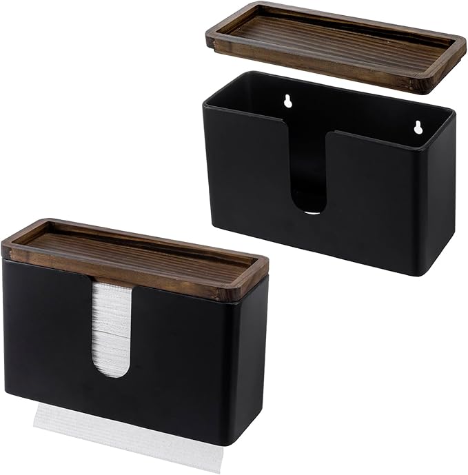 MyGift Wall Mounted Deluxe Black Metal Folded Commercial Paper Towel Holders with Burnt Solid Wood Tray Lids, Hanging Trifold Multifold Z Fold Disposable Napkin Dispensers, 11 & 10 Inch, 2 Piece Set