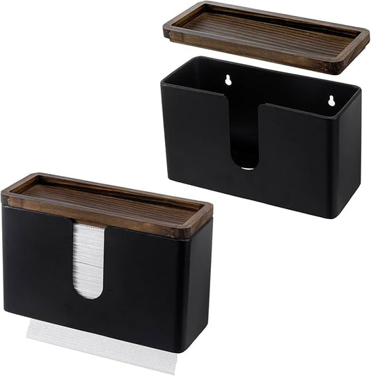 MyGift Wall Mounted Deluxe Black Metal Folded Commercial Paper Towel Holders with Burnt Solid Wood Tray Lids, Hanging Trifold Multifold Z Fold Disposable Napkin Dispensers, 11 & 10 Inch, 2 Piece Set