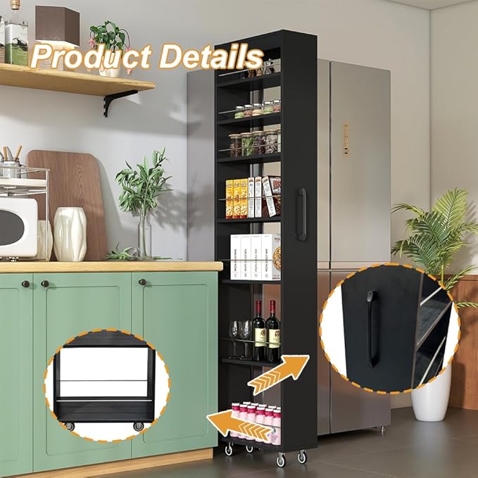 7 Tier Slim Storage Cart, Rolling Spice Rack Next to Fridge Slim, Narrow Storage Cabinet, Wood Storage Organizer with Handle Wheels for Kitchen, Dining Room (7 Tier - Black2)
