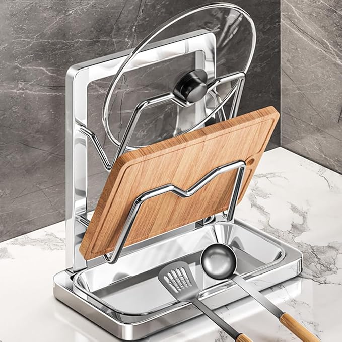 Kitchen Pot Lid Storage Rack, Pot Lid Holder With Tray, Lid Holder While Cooking, Lid And Spoon Rest, Multifunctional Kitchen Organizer Stand for Stove Top (Countertop, 3-layer)