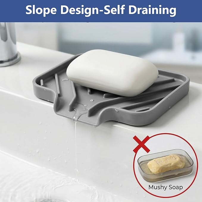 Silicone Soap Dish for Shower and Bathroom - Small Bar Soap Holder with Self Draining Spout - Non-Slip Sink Tray Organizer for Kitchen Counter and Narrow Ledge, Gray (3.5" x 5")