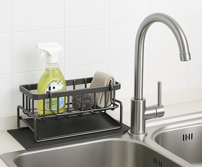Carbon steelSink Caddy with Drip Tray, Kitchen Sink Sponge Holder Organizer for Sponges, Brushes, Soap, Compact Countertop Design