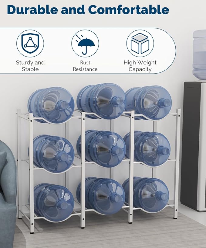 Mocomax 5 Gallon Water Jug Rack - 3 Tier Heavy Duty Cooler Rack, Detachable Bottle Holder for 9 Bottles, Organizer for Kitchen, Office, Living Room, White