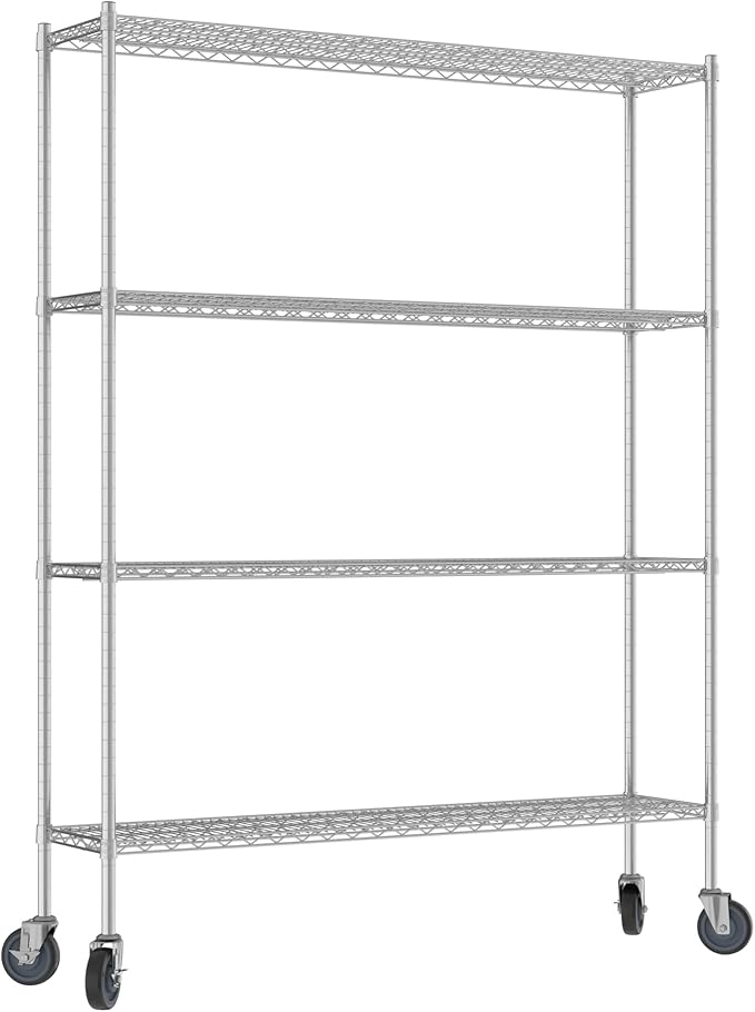 Commercial NSF Listed Chrome Mobile Wire Shelving Kit 14" x 60" x 80", with 4 Shelves Perfect for Warehouse, Walk-in Refrigerator, Freezer, Grocery Store, Restaurant, Dishroom