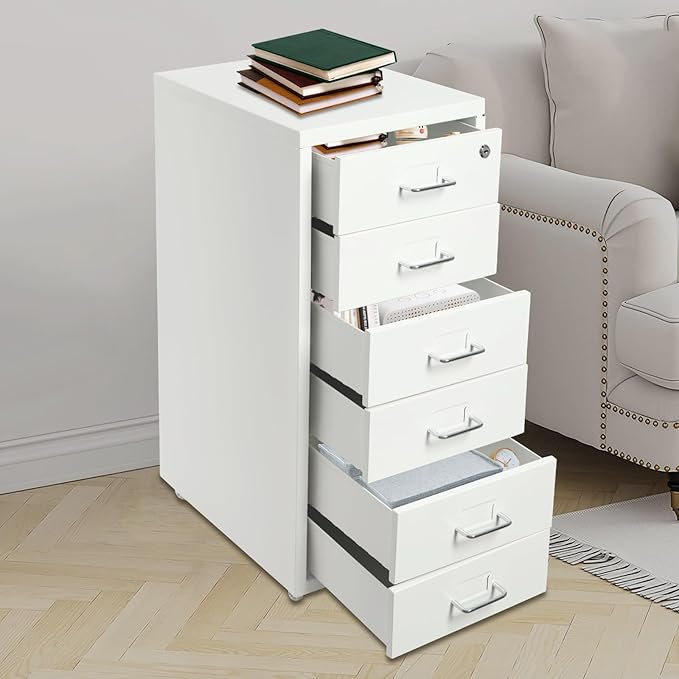 Vertical Metal File Cabinet with Lock, 6 Drawer Rolling Filing Cabinet on Wheels for A4 Legal and Letter Size Small Mobile File Organizer Cabinet for Home Office, 11x16x27in White