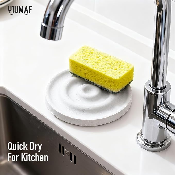 Diatomite Stone Soap Dish & Tray - Water Absorbing for Bathroom Kitchen Sink, Quick Dry Sponge Holder, Non-Slip Stand, Round Organizer Mat for Bar Soap, Drying Tray & Coaster(Light Gray)