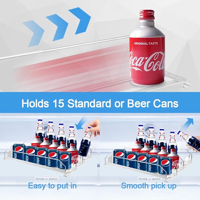 Drink Organizer For Fridge, Adjustable Self Pushing Drink Dispenser for Refrigerator Organizers and Storage, Automatic Fridge Drink Organizer, 3 Rows, 14.96" D - Holds up to 15 Cans