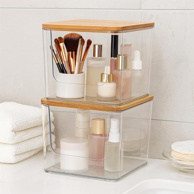 2 Pack Stackable Pantry Kitchen Counter Organizer, Food Storage Containers with Bamboo Lids, or Plastic Storage Bins for Onion, Patato, Snack, Vegetables, Face Towel (Clear)