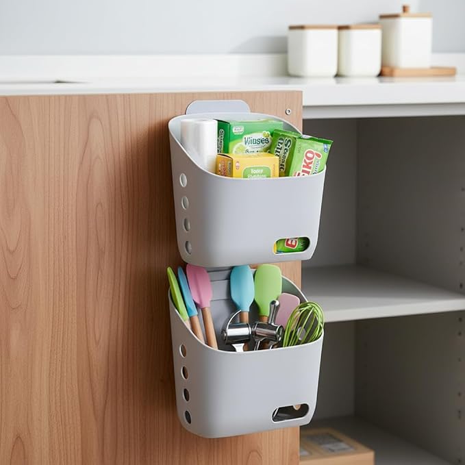 LeleCAT Plastic Hanging Basket Kitchen Storage organizer, Basket with Detachable hook, Hang it behind a door or on a railing, Over the Cabinet Door (Light Gray, Large) 2pack