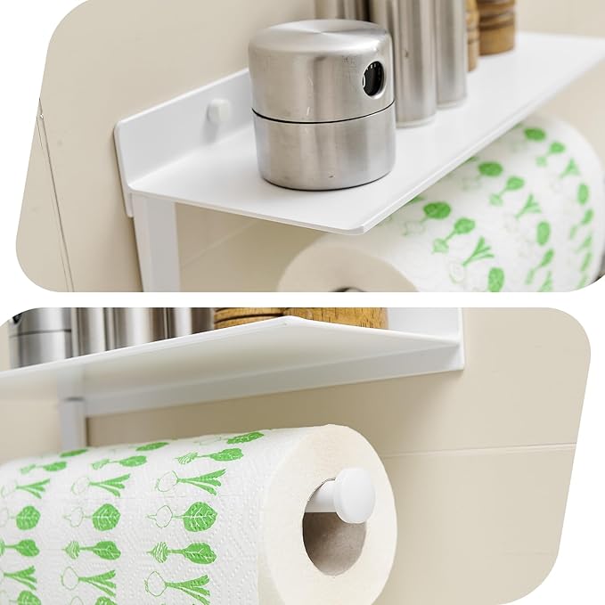Paper Towel Holder Wall Mount for Bathroom Hand Towel Holder for Bathroom Black Paper Towel Holder with Shelf (White)