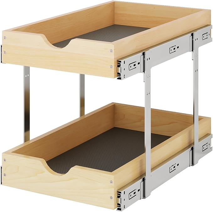 YORKING 2 Tier Pull Out Cabinet Organizer,14" W x 21" D Wooden Cabinet Roll Out Drawers,Heavy-Duty Slide out Wood Drawer Shelf,Pull Out Drawer for Cabinets,Pantry, Bathroom,Kitchen