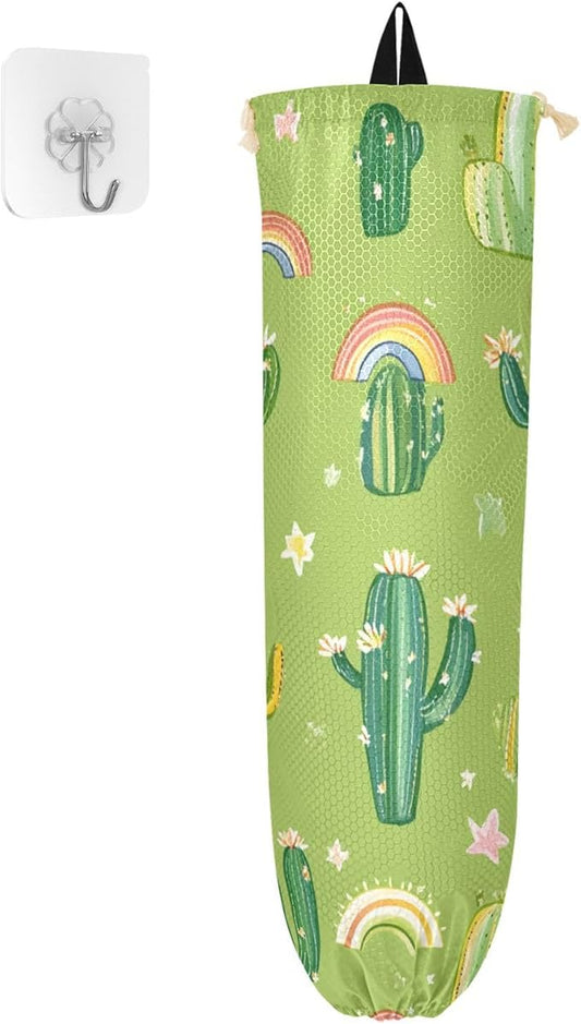 Plastic Bag Holder Wall Mount Grocery Bag Shopping Bag Storage Holder Organizer Dispenser with Adhesive Hook,for Kitchen Bathroom Home Decor 9x22 Inches Cacti and Rainbows Floral Green07