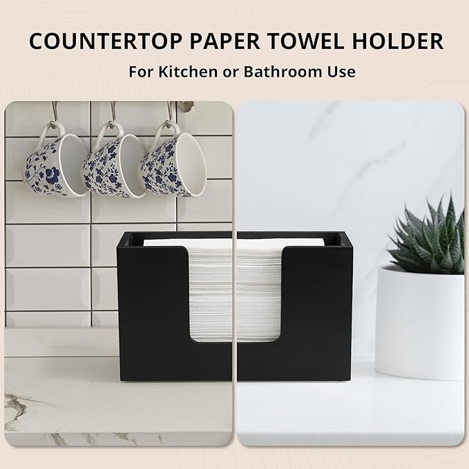 Paper Towel Dispenser Countertop, Wood Folded Paper Hand Towel Holder for Guest Bathroom, Commercial Tabletop Tissue Dispenser Tray for Multifold C-Fold, Z-Fold, Trifold, Black, 10.31x3.94x6.3 Inches