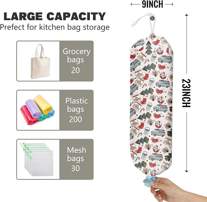 Bohemian Christmas Movie Pattern Grocery Bag Holder and Dispenser Christmas Plastic Bags Organizer Garbage Shopping Trash Bags Storage for Kitchen Home Housewarming Gifts for Women Friends
