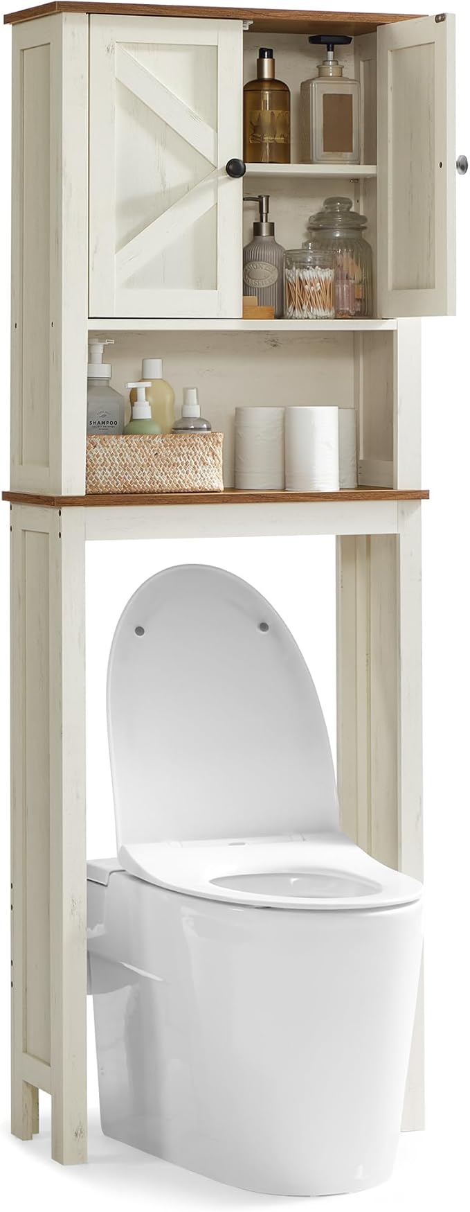 VASAGLE LIRY Collection - Over-The-Toilet Storage Cabinet, 60.8 cm Wide Farmhouse Bathroom Organizer, with Barn Doors, Adjustable Shelf, Space-Saving, Rustic White UBTS026W01