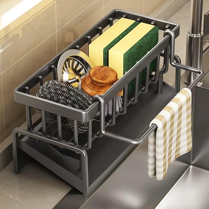 Kitchen Sink Caddy Organiser with Self Draining Tray, Sponge Holder, Brush Holder, Dish Soap Holder, Carbon Steel