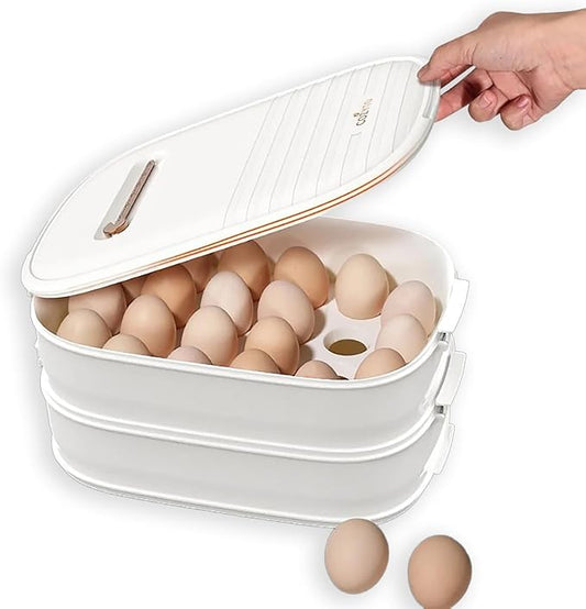 COZYTO Premium EggNest 2-Layer Egg Holder for Refrigerator – Stackable Egg Storage Tray with Sliding Date Dial Lid | Holds 44 Eggs | BPA-Free, Durable & Space-Saving (White Lid & White Box)