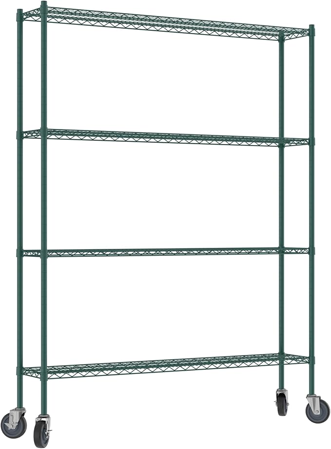 Commercial NSF Listed Green Epoxy Mobile Wire Shelving Kit 12" x 60" x 80", with 4 Shelves Perfect for Warehouse, Walk-in Refrigerator, Freezer, Grocery Store, Restaurant, Dishroom