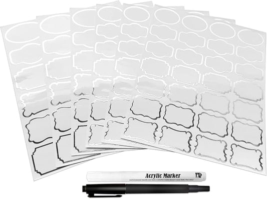 Kitchen Pantry Food Containers Clear Labels with Silver Border, 138 Waterproof Removable Write-on Sticker Labels Tags to Organize Spice Jars Condiment Flour Sugar Canisters Storage Bins,Free 2 Markers