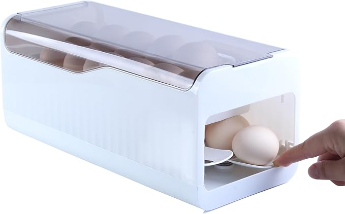 Sansam Egg Holder for Fridge, Automatic Rolling Egg Organizer for Refrigerator, Plastic Egg Container & Tray, Stackable Dispenser and Storage Bin with Sturdy Lid to Saving Space (Clear)
