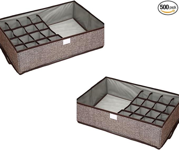 FACELESS Cotton and Linen Fabric Storage Box, Foldable with Lid, Dust-Proof, Drawer Style Partition, Underwear and Socks Storage (2 pieces - gray-17 grids, 17.72X11.42X4.72 IN)