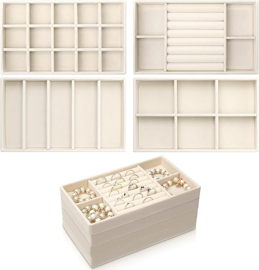 Prasacco 4 Pcs Stackable Jewelry Trays Jewelry-Organizer for Drawer Jewelry Drawer Organizer Inserts with Removable Dividers Jewelry’ Storage Display Case for Earrings Necklaces Rings Bracelets