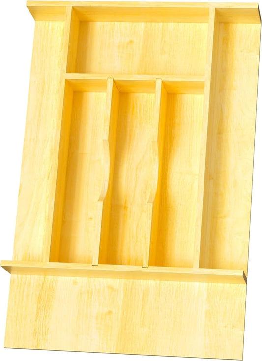 Silverware Drawer Organizer Wood with Adjustable Partition for Kitchen Utensil Cutlery Flatware Cabinet Storage Compartment Tray Insert with Dividers (13.2" W x 19.5" D x 2.5" H)