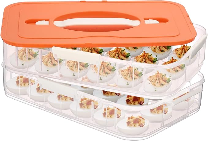 BTSKY Deviled Egg Platter with Lid, 2-Layer 36 Slots Deviled Eggs Carrier, Clear Portable Egg Holder for Fridge Reusable Deviled Eggs Tray Carton Box for Easter and Party Favor (2-Layer, Orange)