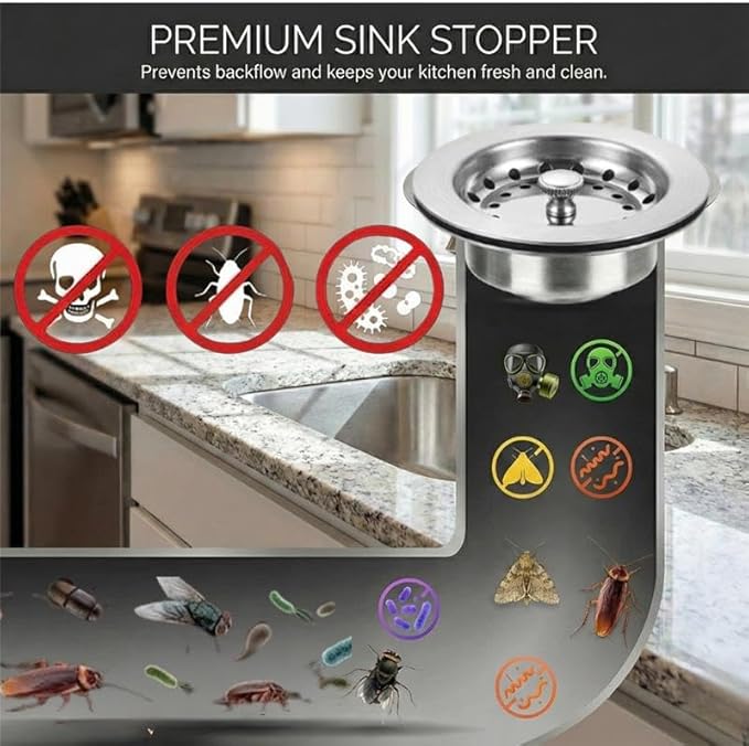 Premium Kitchen Sink Drain Strainer & Stopper Set – Dual-Function Stainless Steel Basket with Rubber Seal, Fits 3-1/2 Inch Standard Drains, Pack of 2