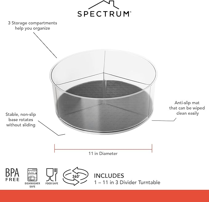 Spectrum Divided Turntable Organizer 11 in Charcoal Gray Lazy Susan Storage Organizer, 3 Divider Rotating Lazy Susan for Cabinet Fridge Pantry Table Countertop Under Sink Bath Kitchen Organization