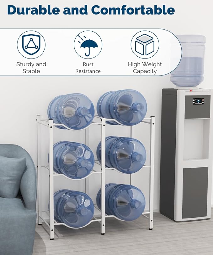 Mocomax 5 Gallon Water Jug Rack - 3 Tier Heavy Duty Cooler Rack, Detachable Bottle Holder for 6 Bottles, Organizer for Kitchen, Office, Living Room, White