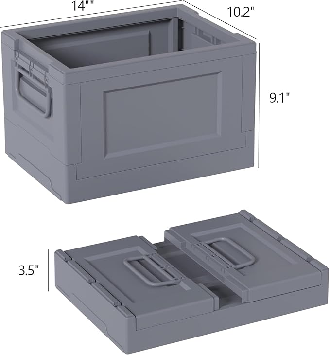 Readsky 8 Packs Plastic Foldable Storage Bins, 14" x 10.2" x 9.1" Collapsible Storage Cubes with Handle, Gray