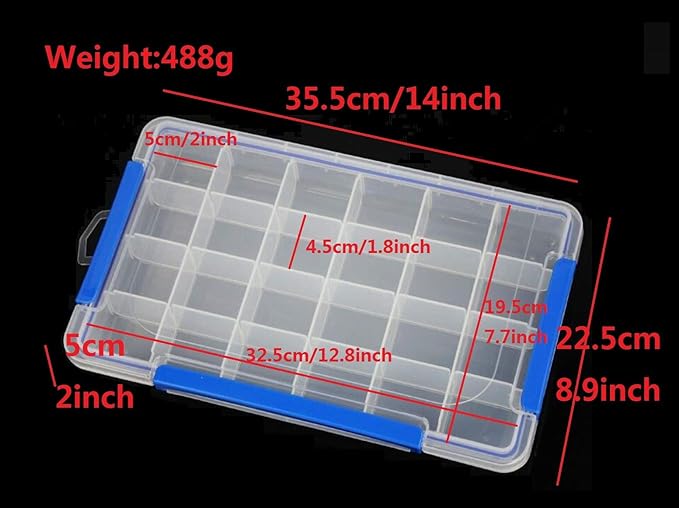 Kamay's XL Heavy Duty Adjustable 24 Compartment Slot Plastic Craft Storage Box with O-Ring Seal 3 Thick Snap Locks Ideal for Small Items(14 * 8.9 * 2inch)