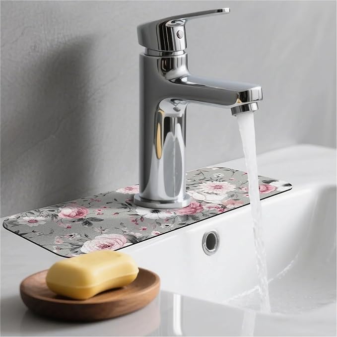 Kitchen Sink Splash Guard，Gray and pink floral Faucet Mat Sink Gadgets-Super Absorbent Fast Drying Mat Drip Catcher for Kitchen, Bathroom,Sink Mat, Dish Drying Mat, Bathroom(15" X 5.5" )