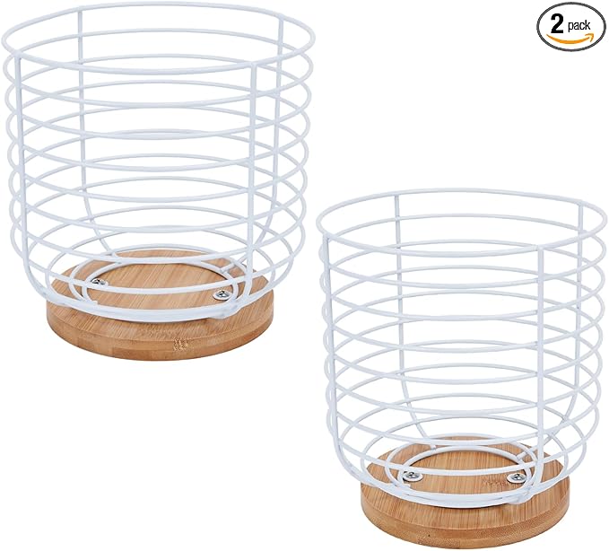 2pcs K Cup Holder Organizer - Coffee Pods Storage Organizer - Coffee Bar Accessories - Large Capacity Black Wire Kup Storage with Bamboo Base (White)