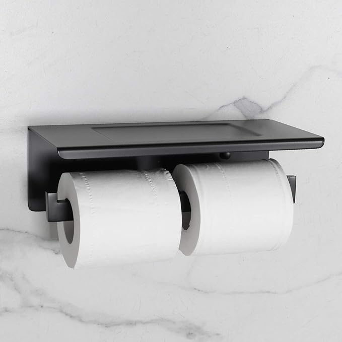 Matte Black Toilet Paper Holder - Toilet Paper Double Roll Holder with Shelf Wall Mounted for Bathroom, Stainless Steel