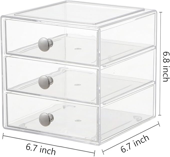 Makeup Drawer Organizer Box with 3 Drawers, Acrylic Cosmetic Display Case Vanity Organizer Jewelry Storage Box Stackable Storage for Cosmetics, Skin Care, Bathroom, Countertop, Silver Handle