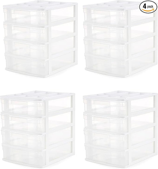Gracious Living 4 Drawer Desktop & Countertop Organizer w/Organization Lid for Craft Storage, Office Supplies & School Supplies, White/Clear (4 Pack)