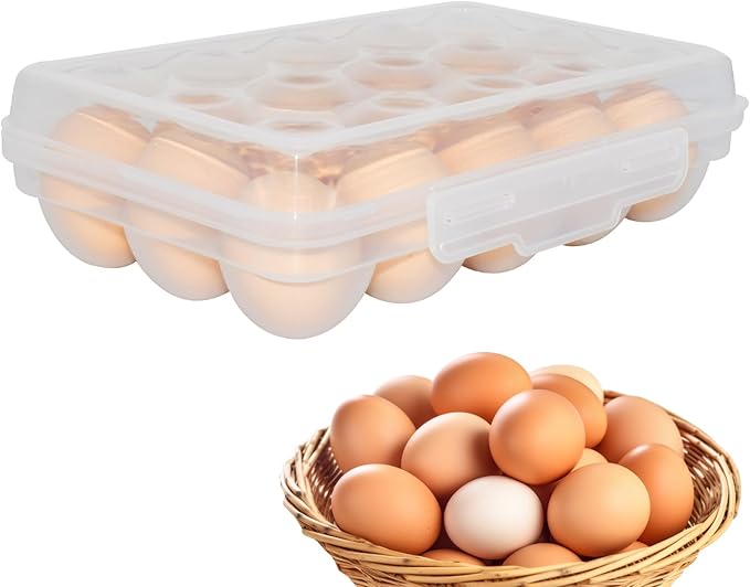 Large Egg Holder for Fridge Camping, Portable Egg Tray Carrier with Lid, Stackable Egg Storage Container with Safety Buckle (15 Grids Egg Tray)
