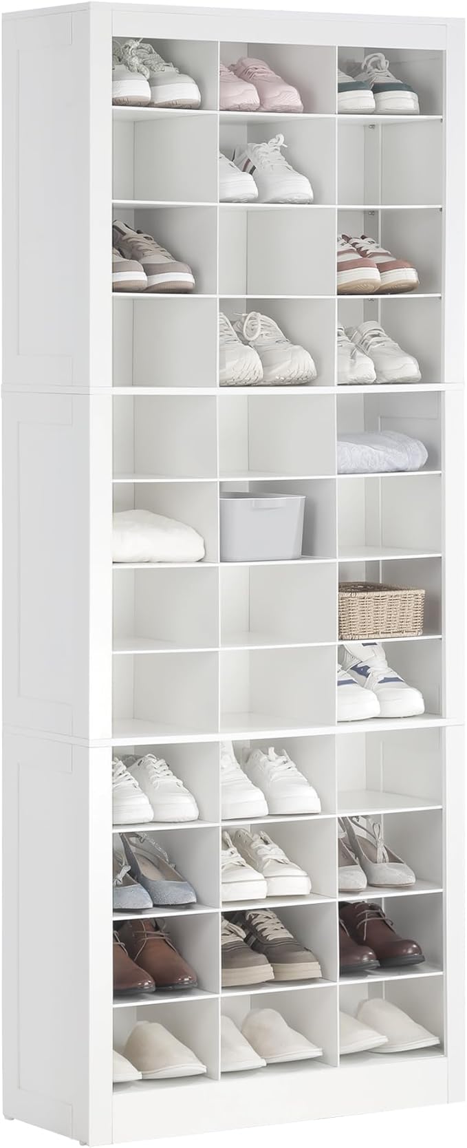 Shoe Storage Cabinet, 36 Pairs Free Standing Closet Organizer, 9 inch Widened Cell Wood Shoe Organizer, 12 Tiers Vertical Space Saving Shoe Rack for Entryway, Cloakroom, White SR20703X