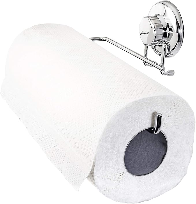 Suction Cup Paper Towel Holder- Chrome Plated Stainless Steel Bar for Bathroom & Kitchen (Chrome)