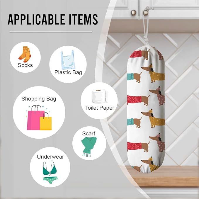 Cute Dogs Plastic Bag Holder, Reusable Shopping Bags Storage Dispenser, Lovely Dog Fabric Garbage Trash Bag Dispenser for Home Kitchen Pantry Cabinet, Wall Mount, Women Gifts