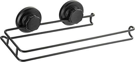 HASKO Suction Cup Paper Towel Holder, Wall Mount Metal Organizer for Bathroom & Kitchen, SUS 304 Stainless Steel Tissue Roll Hanger, Includes Optional No Drill Adhesive Mount, Matte Black