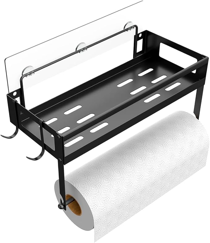 ESOW Paper Towel Holder with Shelf Storage, 2-in-1 Wall Mounted Paper Towel Roll Rack Basket for Kitchen, Balcony & Bathroom, Self-Adhesive or Drilling Installation, SUS304 Matte Black Finish