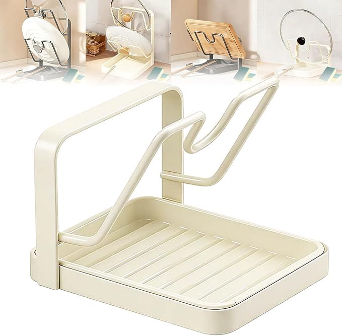 Kitchen Pot Lid Storage Rack, Stainless Steel Pot Lid Holder While Cooking with Removable Drip Tray, Pot Lid Organizer Rack for Countertop, Kitchen Pot Lid Holder & Utensil Rest (Begie, Single-layer)