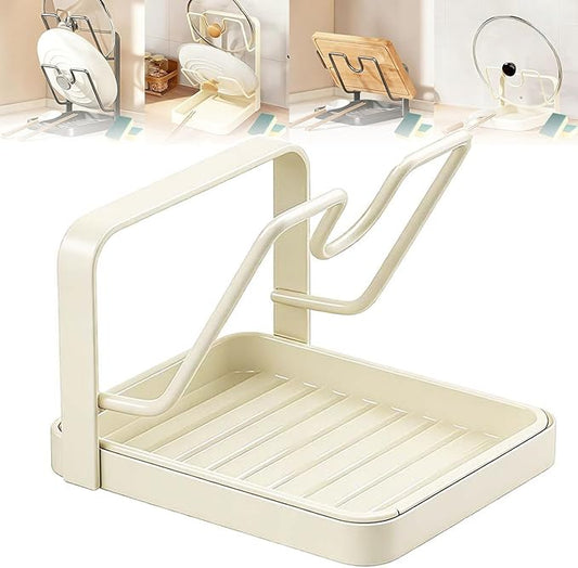 Kitchen Pot Lid Storage Rack, Stainless Steel Pot Lid Holder While Cooking with Removable Drip Tray, Pot Lid Organizer Rack for Countertop, Kitchen Pot Lid Holder & Utensil Rest (Begie, Single-layer)
